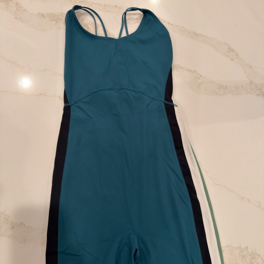 Fourlaps Re-Up Athletic Bodysuit Teal Blue Strappy Lace Up Back Unitard Small